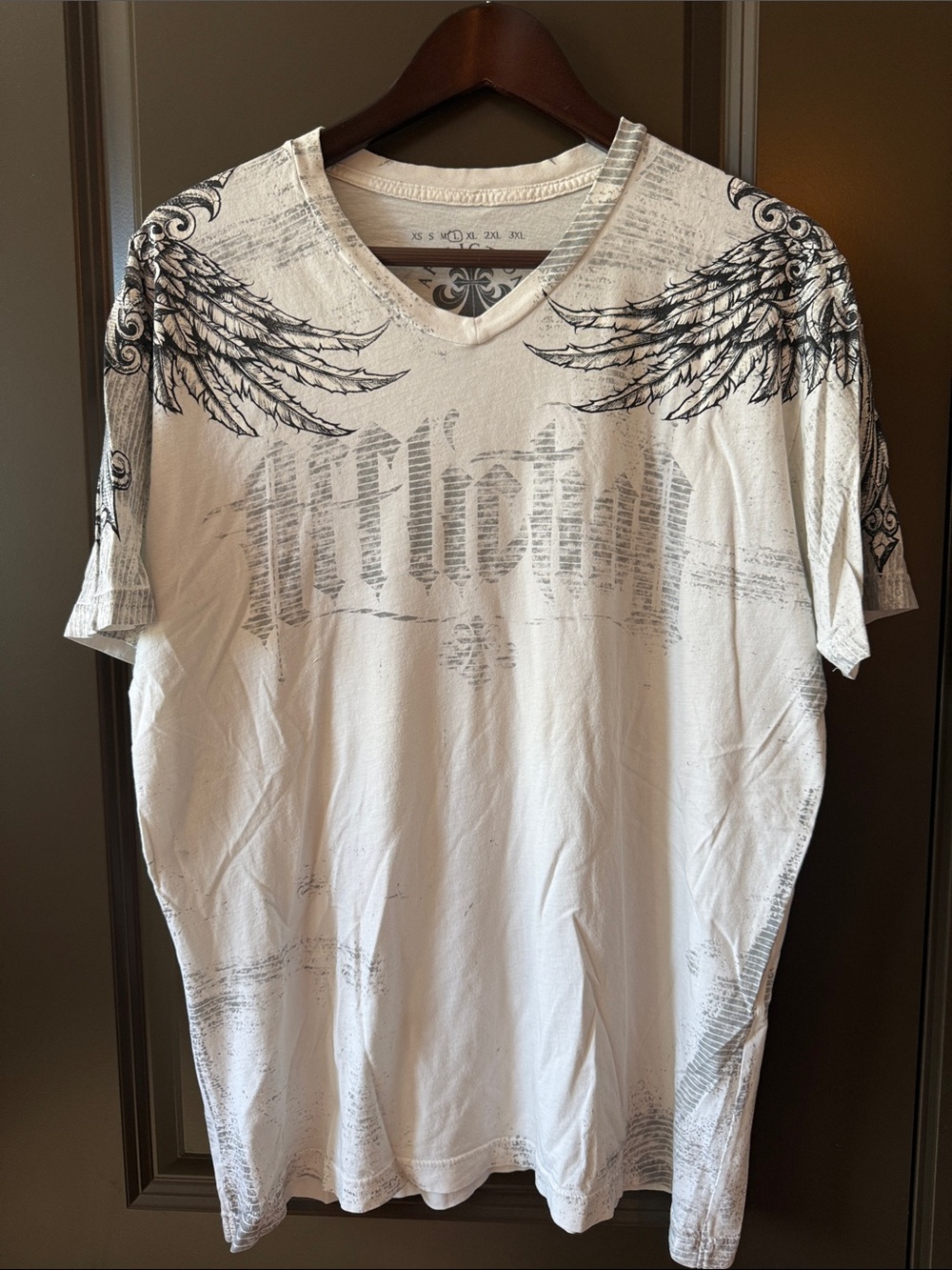 Affliction White V-Neck Tee with Black Wing Graphics